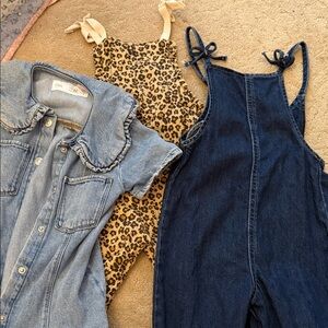 Zara Light Blue Denim dress, Dark Blue Denim Overalls & Leopard Print Jumpsuit